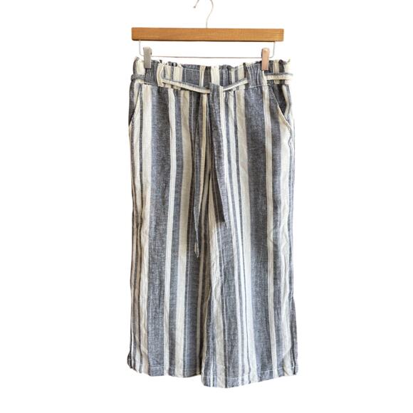 Kiss & Cry Linen Pants Womens L Elastic Waist, Tie, White Blue Wide Leg Beach - Picture 7 of 9